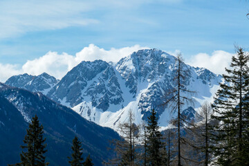 A close up view on the sonw-capped Alps in Slovenia. There are thick, white clouds behind the mountains. There are a few trees in the frame. Idyllic landscape. Cloudy, but sunny day. Calmness