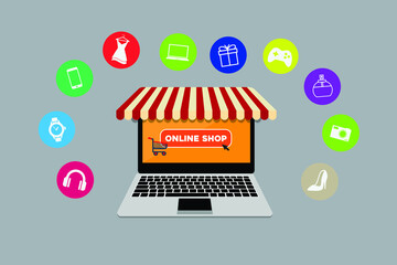 Online shopping on application and website concept, digital marketing online, shopping cart with new items on laptop screen.