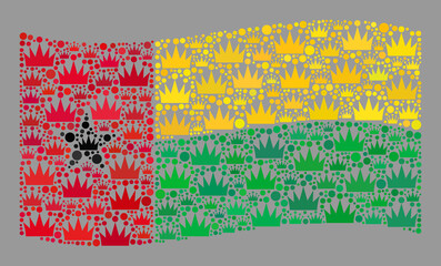 Mosaic waving Guinea-Bissau flag designed with royal icons. Kingdom vector collage waving Guinea-Bissau flag constructed for monarch posters. Designed for political or patriotic collages.