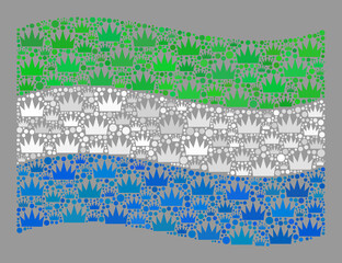 Mosaic waving Sierra Leone flag designed of crown items. Royalty vector mosaic waving Sierra Leone flag designed for nobility projects. Designed for political and patriotic promotion.