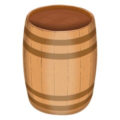 Wooden oak barrel with metal hoops for beer, wine, whiskey. Making alcoholic beverages in barrels. For banners, flyers, posters, cards. Vector illustration isolated on white background.