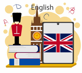 English school subject illustration on a white background with british flag, tablet, books, big ben and guardsman