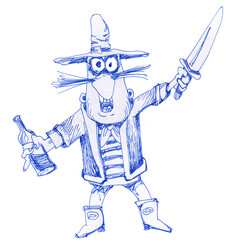 A drunken pirate with a dagger and a bottle in his hand. Cartoon style sketch.