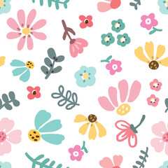 Seamless Pattern with Hand Drawn Flower and Leaf Art Design on White Background
