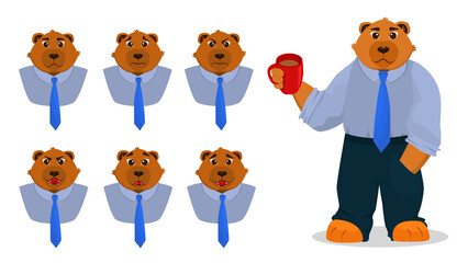 vector illustration of a bear in office clothes with a cup in his hands, and additional illustrations of a head with different emotions