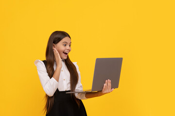 happy kid in school uniform study on laptop, online education