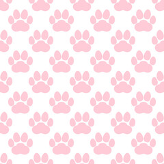 Pink paw print seamless repeating background pattern. Cat or dog footprints. Vector illustration.  © Siarhei