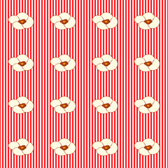Popcorn background with red and white stripes. Seamless and repeating pattern. Editable objects in the template. Vector illustration.