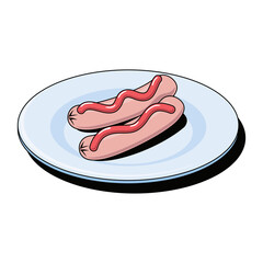 Sausages on a plate. Vector 3d sketch line isometric, color icon illustration, flat style. Creative design idea and elements for infographics and website.