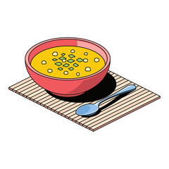 Soup on a tablecloth. Vector 3d sketch line isometric, color icon illustration, flat style. Creative design idea and elements for infographics and website.
