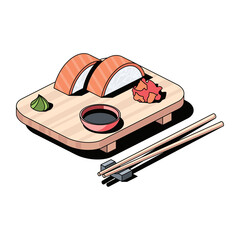 Sushi on a wooden tray. Vector 3d sketch line isometric, color icon illustration, flat style. Creative design idea and elements for infographics and website.