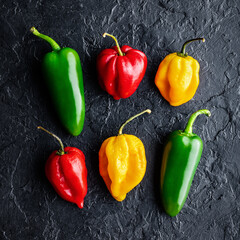 Different colors hot peppers on black background