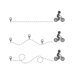 Cute children riding bicycles with start location pin. Different kids black silhouettes ride bikes. Healthy lifestyle. Travel concept. Vector illustration isolated on white