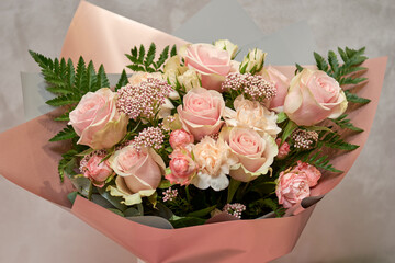 Fresh bouquet of colorful mixed flowers. European floral shop concept. Flowers delivery