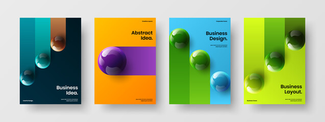 Trendy 3D spheres booklet template collection. Fresh catalog cover vector design concept bundle.