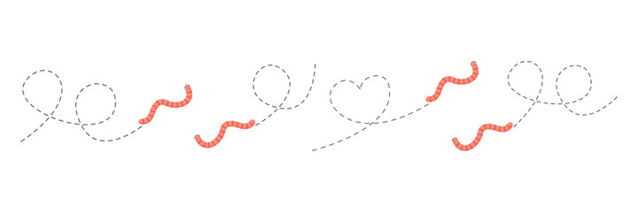 Fototapeta premium Cute worms on a dotted route set. Cartoon earthworm collection. Vector illustration isolated on white.