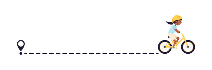 Cute happy African girl riding bicycle with start location pin. Healthy lifestyle. Travel concept. Vector illustration isolated on white