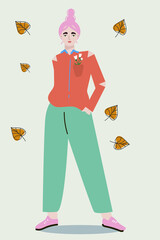 Girl with a bouquet of flowers. Hand drawn trendy vector flat illustration. Design for banner, card, placard, brochure.