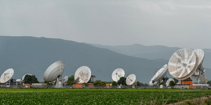 Piana del Fucino, Italy. Fucino Space Center. June 2021. One of the most important telecommunications centers in the world.
