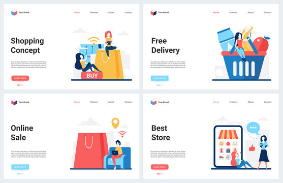 Shopping with mobile shop app, online order vector illustration. Cartoon modern concept landing page set for online store website with free delivery, people buy goods during sale discount offers