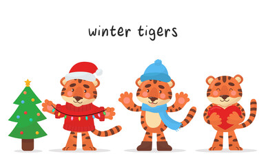 Set of three cute tiger characters. Character for each winter month. Vector cartoon style. Illustrations are suitable for children's products, stickers, banners and posters.