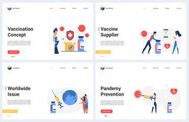 Fototapeta na wymiar Vaccination against corona virus, prevention measure to protect health immunity, world immunization vector illustration. Cartoon modern concept landing page set with medical worker and vaccine syringe