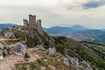 Fototapeta na wymiar Rocca Calascio, Gran Sasso National Park. June 2021. The Aquila area of ​​Gran Sasso and in particular the fortress of Calascio have been used as a setting for numerous films. LadyHawke 