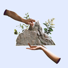 Contemporary artwork. Human hands touching mountains and plants over light background. Concept of...