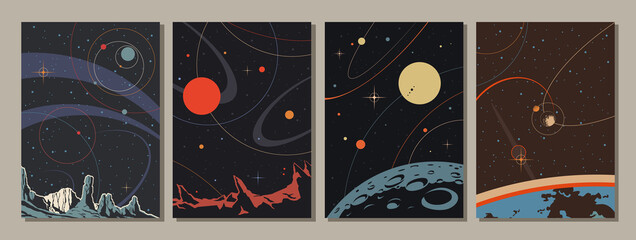 Abstract Space Illustration Set, Retro Style Art, Planets, Satellites, Stars - obrazy, fototapety, plakaty