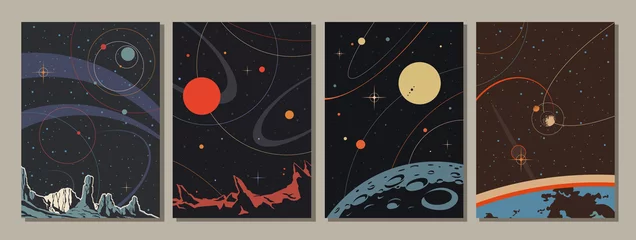 Fototapeten Abstraktes Weltraum-Illustrations-Set, Retro-Stil-Kunst, Planeten, Satelliten, Sterne © koyash07