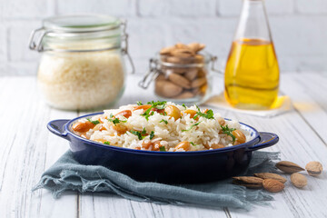 Delicious vegetable rice pilaf with green peas, carrots and sweet corn