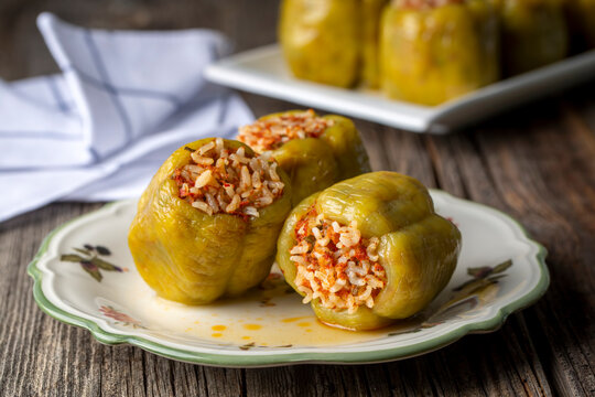 Traditional Turkish foods; Stuffed pepper (Turkish name; biber dolmasi)