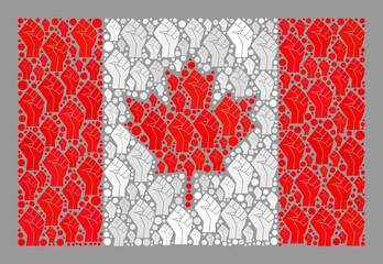 Mosaic rectangle Canada flag designed of force icons. Fight fist vector collage Canada flag combined for freedom apps. Designed for political and patriotic promotion.