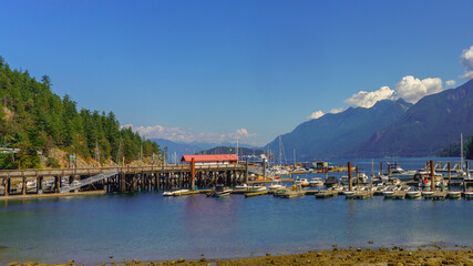 Naklejka premium Spectacular ocean, mountain and forest scenery viewed from Horseshoe Bay marina, BC, mid-summer with departing ferry visible in background