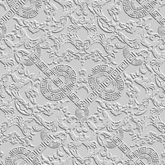 Embossed 3d Baroque style seamless pattern. Floral emboss background. Textured backdrop. Surface grunge relief 3d ornament with embossing effect. Greek key meanders, vintage flowers, geometric shapes