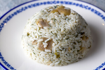 Traditional delicious Turkish foods; Artichoke rice (Turkish name; Enginarli pirinc pilavi)
