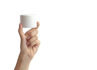 Mock-up of white cosmetic package. Woman's hand holds round jar of body cream on white isolated background. Concept of beauty industry. Close-up, copy space, banner