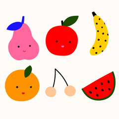 Cute cartoon  fruit set in hand-drawn naive  style. Funny colorful fruit design. Summer food fabric.