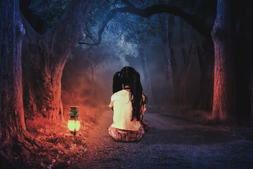 A young girl wanders into the forest. Sit and relax with a lamp that illuminates the lonely path