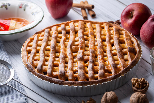 Homemade Apple Pie With Red And Green Apples Around