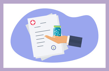 Doctor holds a pill in hand and prescription rx. First aid concept. Medical treatment or test, vaccine. A man's hand offers a capsule or medicine of a pharmacy. Health, recovery. Vector illustration