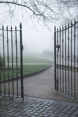 Iron gates to English park in the fog and mist, gloomy and broody mood, contemplate and melancholy, goth feel.