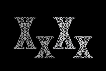 Vintage western Latin letters. Glitter silver ABC with geometric ornament. Letter X
