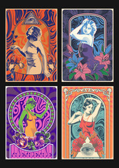 Beauty Women and Flowers, 1960s Psychedelic Posters Style Illustrations, Art Nouveau Frames, Wavy Backgrounds