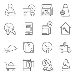 Food delivery icon set. Food delivery pack symbol vector elements for infographic web