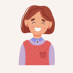 Cute school-age girl with braces. Healthy smile concept. Vector illustration