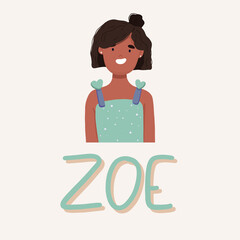 Portrait of a black girl named Zoe. Vector illustration