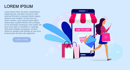 happy young woman shopping online with shopping bags She uses a retail app on her smartphone and makes purchases in a virtual store, vector illustration EPS10.

