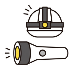 シンプル　イラスト　ヘルメットとヘッドライトと懐中電灯のベクターイラスト © kogome