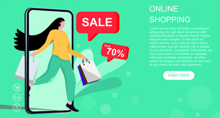 Shopping online in an online store on smartphone and mobile application. . Landing page website template. Vector illustration for web and graphic design